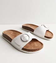New Look Wide Fit White Leather-Look Buckle Mule Footbed Sliders